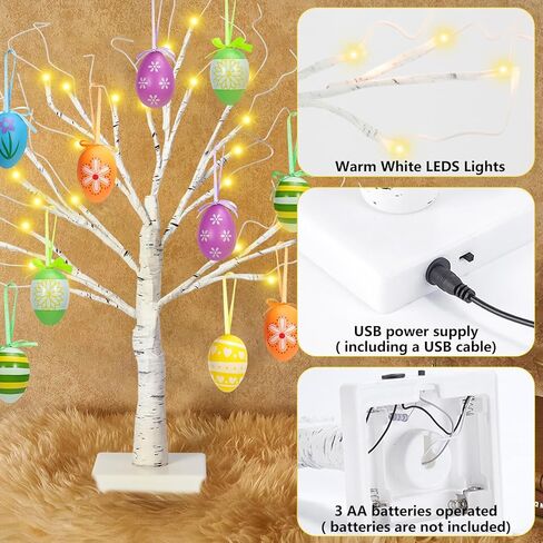 24" Easter Lighted Birch Tree with 12pcs Ornaments,Warm White LEDs Birch Tree Light Tabletop Artificial Tree 8 Lighting Modes USB or Batteries Operated with Timer for Easter Decor in Kuwait