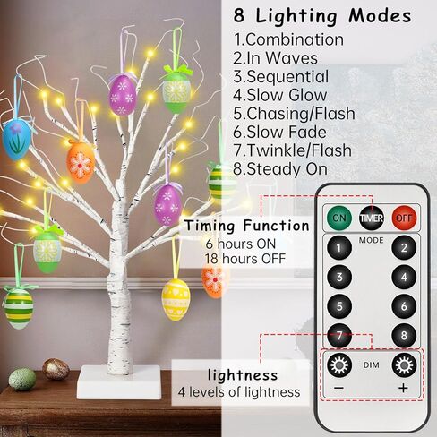 24" Easter Lighted Birch Tree with 12pcs Ornaments,Warm White LEDs Birch Tree Light Tabletop Artificial Tree 8 Lighting Modes USB or Batteries Operated with Timer for Easter Decor in Kuwait