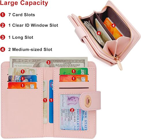 defway Card Wallet for Women - Women's PU Leather Wallet, 7 Card Slots with ID Window, Compact Travel Purse, Gift for Women (Pink) in Saudi Arabia