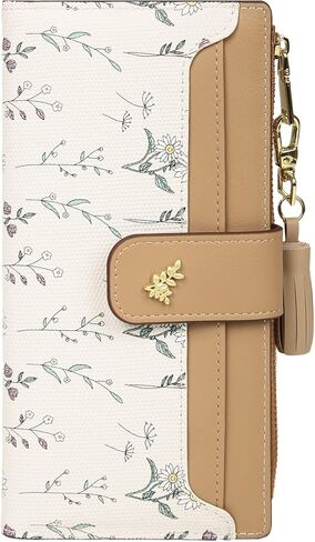 محفظة نسائية رفيعة ثنائية الطي، جلد PU يحجب RFID، نمط زهور طويل للسيدات مع جيب بسحاب، حامل بطاقات، شرابة (محفظة مع شرابات، أخضر) in Kuwait