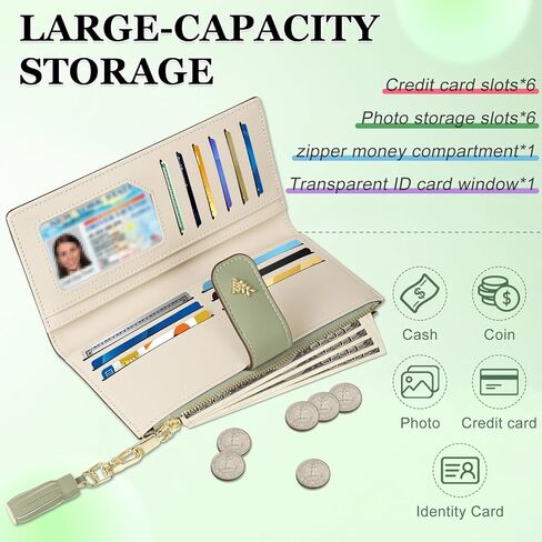 محفظة نسائية رفيعة ثنائية الطي، جلد PU يحجب RFID، نمط زهور طويل للسيدات مع جيب بسحاب، حامل بطاقات، شرابة (محفظة مع شرابات، أخضر) in Kuwait