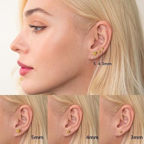 أقراط ذهبية للنساء 14 قيراط أقراط كروية ذهبية مضادة للحساسية (3 أزواج) 3 مم 4 مم 5 مم مع فراشة in Kuwait