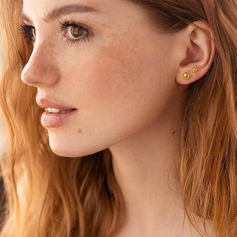 أقراط ذهبية للنساء 14 قيراط أقراط كروية ذهبية مضادة للحساسية (3 أزواج) 3 مم 4 مم 5 مم مع فراشة in Kuwait