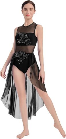 AFAVOM Sequin Flower Lyrical Dance Dress for Women Modern Contemporary Dance Costume Mesh Flowy Tulle Skirt for Performance in Saudi Arabia