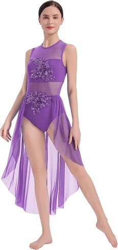 AFAVOM Sequin Flower Lyrical Dance Dress for Women Modern Contemporary Dance Costume Mesh Flowy Tulle Skirt for Performance in Saudi Arabia