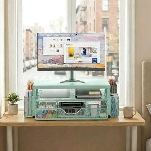 2 Tier Monitor Stand, Computer Monitor Riser, Office Desk Accessories, Desk Organizer Desk Shelf Printer Stand, Green in Kuwait
