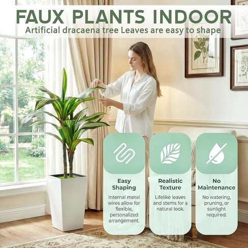 شجرة Dracaena الاصطناعية بطول 4 أقدام شجرة وهمية في الداخل مع زارع أبيض طويل القامة، Dracaena ذات اللمس الحقيقي، نباتات صناعية طويلة في الداخل لغرفة المعيشة مكتب ديكور الشرفة، تدفئة المنزل in Kuwait