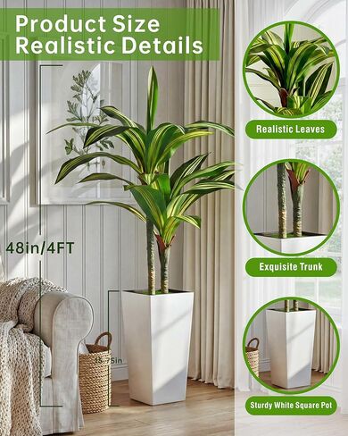 شجرة Dracaena الاصطناعية بطول 4 أقدام شجرة وهمية في الداخل مع زارع أبيض طويل القامة، Dracaena ذات اللمس الحقيقي، نباتات صناعية طويلة في الداخل لغرفة المعيشة مكتب ديكور الشرفة، تدفئة المنزل in Kuwait