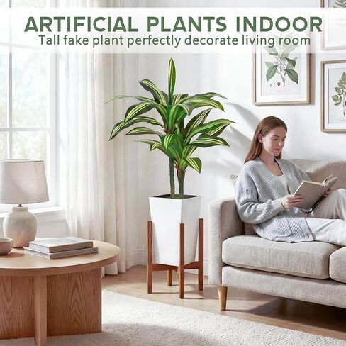 شجرة Dracaena الاصطناعية بطول 4 أقدام شجرة وهمية في الداخل مع زارع أبيض طويل القامة، Dracaena ذات اللمس الحقيقي، نباتات صناعية طويلة في الداخل لغرفة المعيشة مكتب ديكور الشرفة، تدفئة المنزل in Kuwait