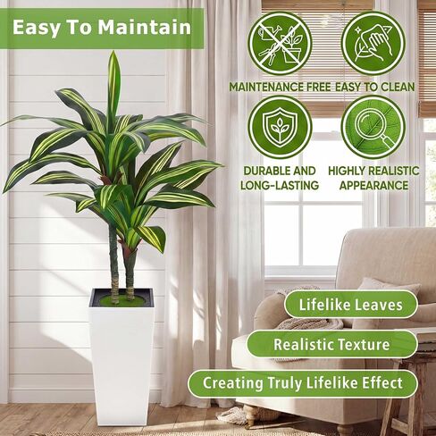 شجرة Dracaena الاصطناعية بطول 4 أقدام شجرة وهمية في الداخل مع زارع أبيض طويل القامة، Dracaena ذات اللمس الحقيقي، نباتات صناعية طويلة في الداخل لغرفة المعيشة مكتب ديكور الشرفة، تدفئة المنزل in Kuwait