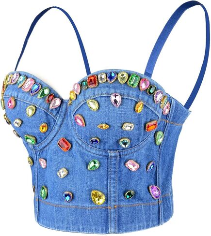 ELLACCI Women's Diamond Denim Bustier Crop Top Jean Corset Top Bra in Kuwait