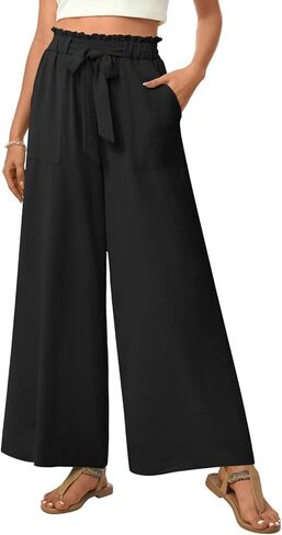 Anyhold Womens Wide Leg Palazzo Pants Dressy Casual Loose High Waist Trousers Flowy Work Adjustable Pants with Pockets in Saudi Arabia