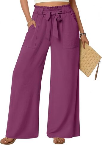 Anyhold Womens Wide Leg Palazzo Pants Dressy Casual Loose High Waist Trousers Flowy Work Adjustable Pants with Pockets in Saudi Arabia