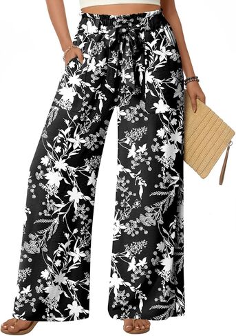 Anyhold Womens Wide Leg Palazzo Pants Dressy Casual Loose High Waist Trousers Flowy Work Adjustable Pants with Pockets in Saudi Arabia