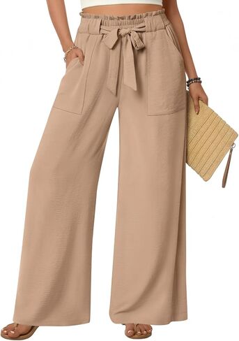 Anyhold Womens Wide Leg Palazzo Pants Dressy Casual Loose High Waist Trousers Flowy Work Adjustable Pants with Pockets in Saudi Arabia