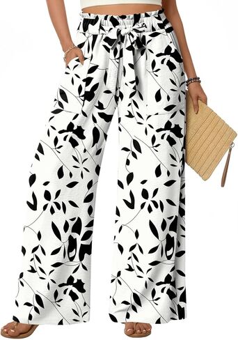 Anyhold Womens Wide Leg Palazzo Pants Dressy Casual Loose High Waist Trousers Flowy Work Adjustable Pants with Pockets in Saudi Arabia