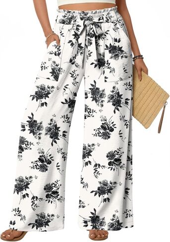 Anyhold Womens Wide Leg Palazzo Pants Dressy Casual Loose High Waist Trousers Flowy Work Adjustable Pants with Pockets in Saudi Arabia