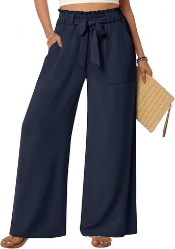 Anyhold Womens Wide Leg Palazzo Pants Dressy Casual Loose High Waist Trousers Flowy Work Adjustable Pants with Pockets in Saudi Arabia