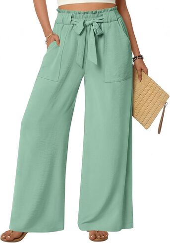 Anyhold Womens Wide Leg Palazzo Pants Dressy Casual Loose High Waist Trousers Flowy Work Adjustable Pants with Pockets in Saudi Arabia