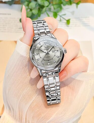 OUPINKE Women's Automatic Mechanical Watch Diamond Dial Casual Dress Watch Self Winding Day Date Waterproof Stainless Steel Band in Saudi Arabia