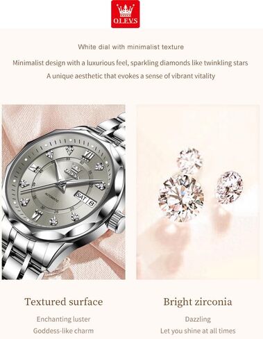 OUPINKE Women's Automatic Mechanical Watch Diamond Dial Casual Dress Watch Self Winding Day Date Waterproof Stainless Steel Band in Saudi Arabia