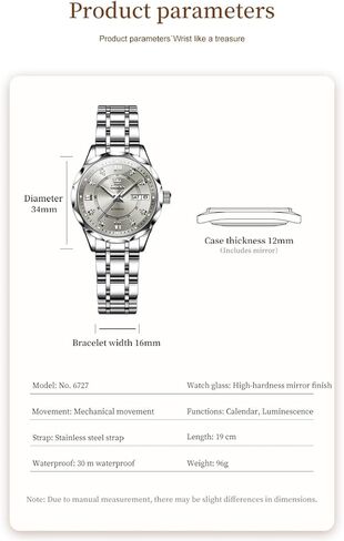 OUPINKE Women's Automatic Mechanical Watch Diamond Dial Casual Dress Watch Self Winding Day Date Waterproof Stainless Steel Band in Saudi Arabia