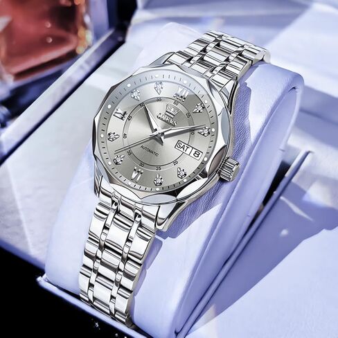 OUPINKE Women's Automatic Mechanical Watch Diamond Dial Casual Dress Watch Self Winding Day Date Waterproof Stainless Steel Band in Saudi Arabia