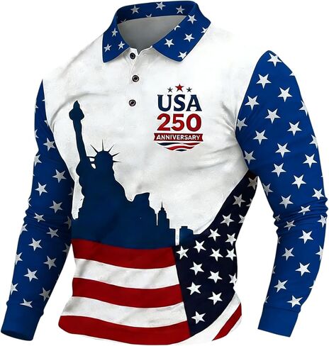 Men's United States 250 Years Printed Casual Top Patriotic American Flag Polo Shirt, S-5XL in Kuwait