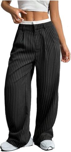 Womens Fashion Casual High Waist Spliced Loose Straight Leg Trousers Stylish Relaxed Fit Dress Pants in Saudi Arabia