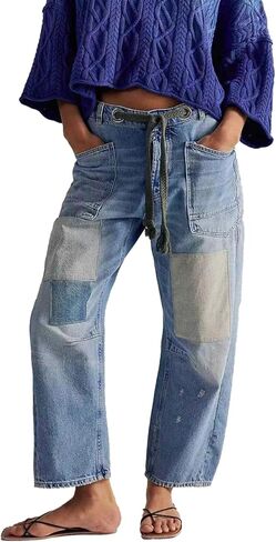 Women's Casual Baggy Distressed Patchwork Denim Pants Vintage Drawstring Mid Waist Barrel Loose Jeans Pants in Saudi Arabia