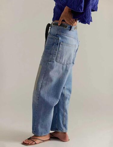 Women's Casual Baggy Distressed Patchwork Denim Pants Vintage Drawstring Mid Waist Barrel Loose Jeans Pants in Saudi Arabia