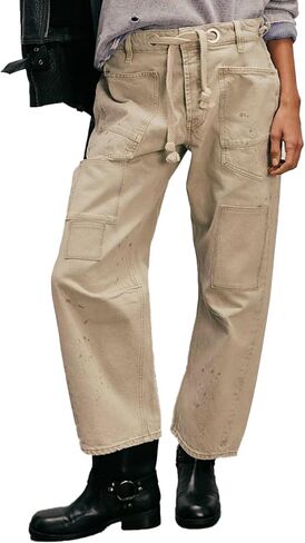 Women's Casual Baggy Distressed Patchwork Denim Pants Vintage Drawstring Mid Waist Barrel Loose Jeans Pants in Saudi Arabia