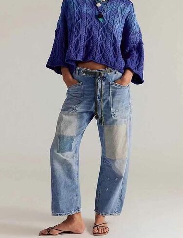 Women's Casual Baggy Distressed Patchwork Denim Pants Vintage Drawstring Mid Waist Barrel Loose Jeans Pants in Saudi Arabia