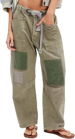 Women's Casual Baggy Distressed Patchwork Denim Pants Vintage Drawstring Mid Waist Barrel Loose Jeans Pants in Saudi Arabia