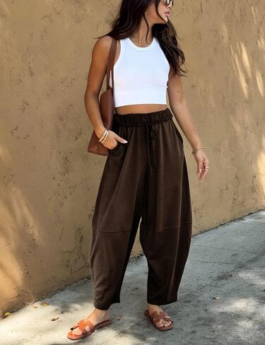بنطلون نسائي من SeekMe ذو أرجل أسطوانية برباط وخصر مطاطي Palazzo Sweatpants من القطن بوهو in Kuwait