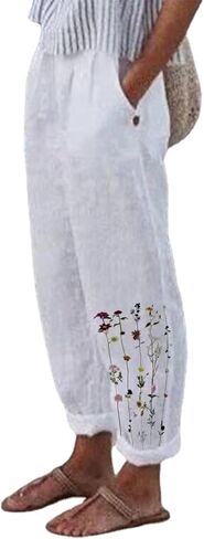 بنطلون نسائي كاجوال من القطن والكتان بنطال مطبوع عليه زهور، بنطلون قصير بخصر مطاطي مع جيوب in Kuwait