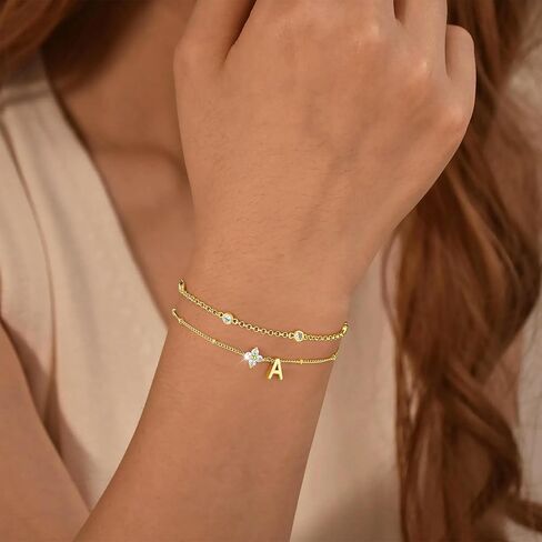 M MOOHAM Easter Gifts for Kids - Layered Initial Bracelet for Teen Girls 14K Gold Plated Initial Letter A-Z Bracelets for Women Trendy, Layered Link Charm Bracelet Birthday Personalized Jewelry Gift in Saudi Arabia