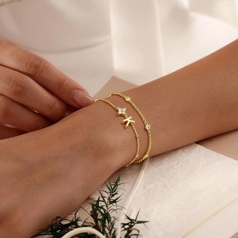 M MOOHAM Easter Gifts for Kids - Layered Initial Bracelet for Teen Girls 14K Gold Plated Initial Letter A-Z Bracelets for Women Trendy, Layered Link Charm Bracelet Birthday Personalized Jewelry Gift in Saudi Arabia