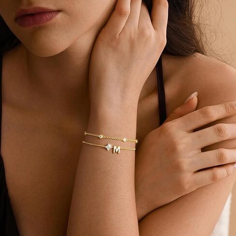 M MOOHAM Easter Gifts for Kids - Layered Initial Bracelet for Teen Girls 14K Gold Plated Initial Letter A-Z Bracelets for Women Trendy, Layered Link Charm Bracelet Birthday Personalized Jewelry Gift in Saudi Arabia