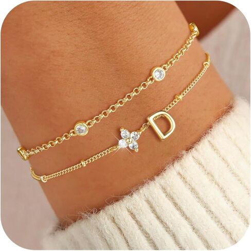 M MOOHAM Easter Gifts for Kids - Layered Initial Bracelet for Teen Girls 14K Gold Plated Initial Letter A-Z Bracelets for Women Trendy, Layered Link Charm Bracelet Birthday Personalized Jewelry Gift in Saudi Arabia