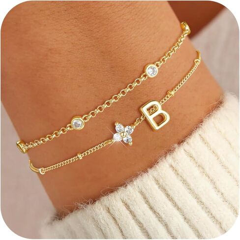 M MOOHAM Easter Gifts for Kids - Layered Initial Bracelet for Teen Girls 14K Gold Plated Initial Letter A-Z Bracelets for Women Trendy, Layered Link Charm Bracelet Birthday Personalized Jewelry Gift in Saudi Arabia