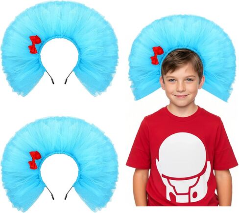 2 Pcs Dr Theme Blue Fluffy Tulle Headband with Red Bow Pompom Headwear for Party Cosplay Costume Accessories in Saudi Arabia