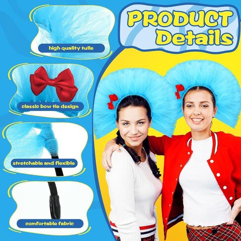 2 Pcs Dr Theme Blue Fluffy Tulle Headband with Red Bow Pompom Headwear for Party Cosplay Costume Accessories in Saudi Arabia