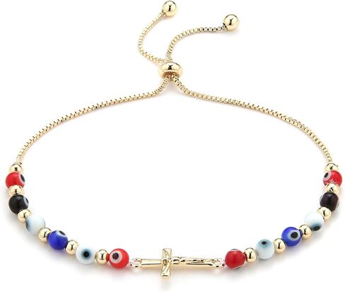 HZMAN Evil Eye Bracelet for Women Men 14K Gold Plated Jesus Crucifix Cross Retro Evil Eye Beads Luck Protection Stretch Bracelet Jewelry Gift in Saudi Arabia