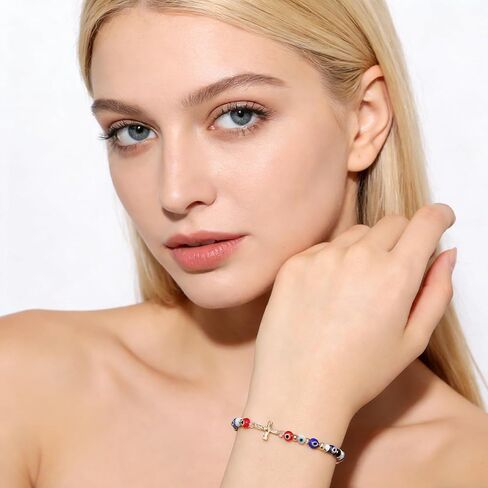 HZMAN Evil Eye Bracelet for Women Men 14K Gold Plated Jesus Crucifix Cross Retro Evil Eye Beads Luck Protection Stretch Bracelet Jewelry Gift in Saudi Arabia