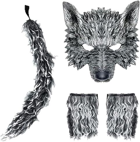 4 Pcs Werewolf Wolf Costume Wolf Mask with Wolf Tail and Gloves Halloween Wolf Mask Gloves and Tails Set for Men Women, Wolf Costume Cosplay Accessories Kit for Halloween Christmas Party in Saudi Arabia