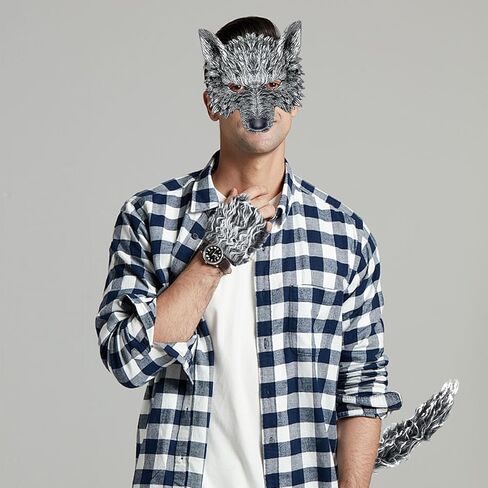4 Pcs Werewolf Wolf Costume Wolf Mask with Wolf Tail and Gloves Halloween Wolf Mask Gloves and Tails Set for Men Women, Wolf Costume Cosplay Accessories Kit for Halloween Christmas Party in Saudi Arabia