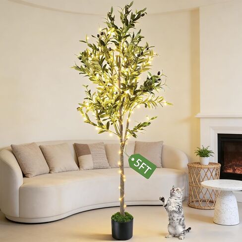 Artificial Olive Trees, 5FT Tall Faux Olive Tree with Lights Moss and Planter, Artificial Plants Indoor with Natural Wood Trunk and Lifelike Fruits Fake Plant for Home Office Living Room Decor in Saudi Arabia
