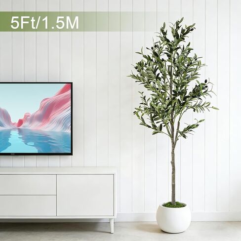 Artificial Olive Trees, 5FT Tall Faux Olive Tree with Lights Moss and Planter, Artificial Plants Indoor with Natural Wood Trunk and Lifelike Fruits Fake Plant for Home Office Living Room Decor in Saudi Arabia