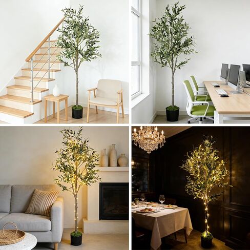 Artificial Olive Trees, 5FT Tall Faux Olive Tree with Lights Moss and Planter, Artificial Plants Indoor with Natural Wood Trunk and Lifelike Fruits Fake Plant for Home Office Living Room Decor in Saudi Arabia